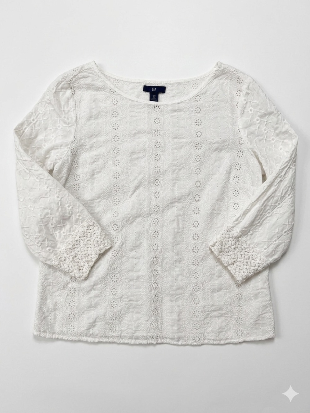 GAP White Eyelet Crochet 3/4-Sleeve Cotton Top Size XS
